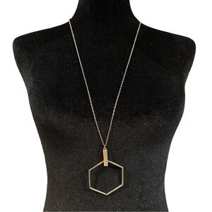 Hexagon Pendant Necklace Long Length Gold Tone Chain New